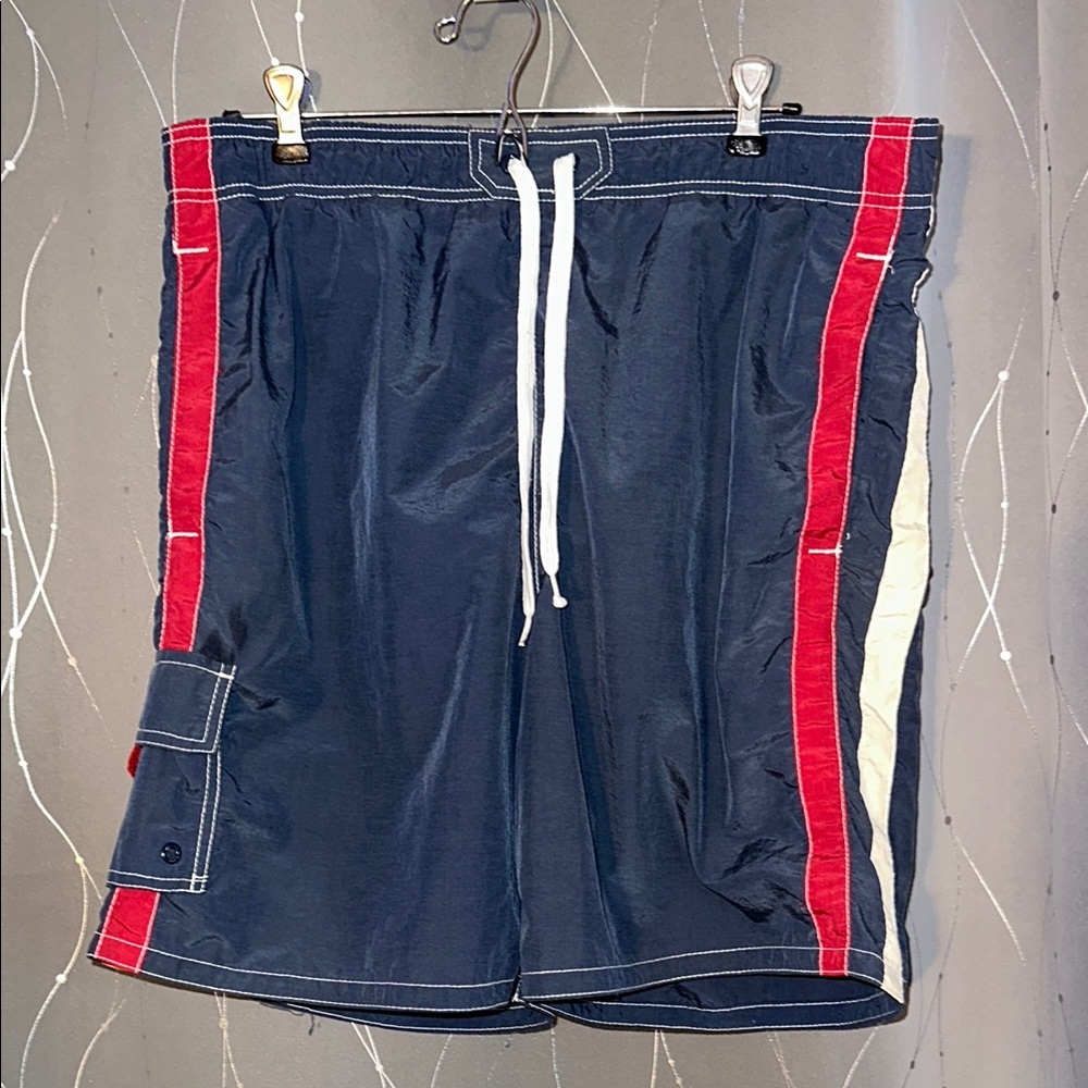 👙Merona Men’s Medium Dark Blue Board Swim Shorts with Red and White Accents